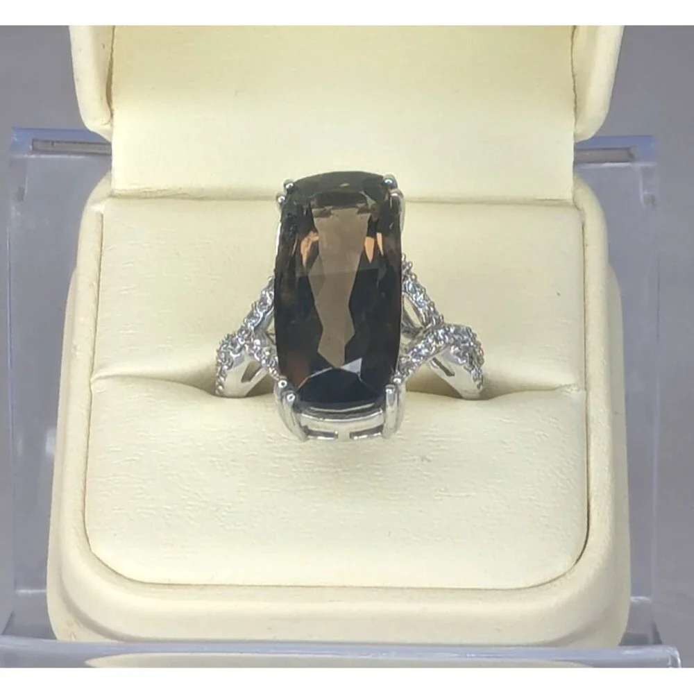 Smoky Quartz & Zircon Ring - Sterling Silver, Brown, Size 11